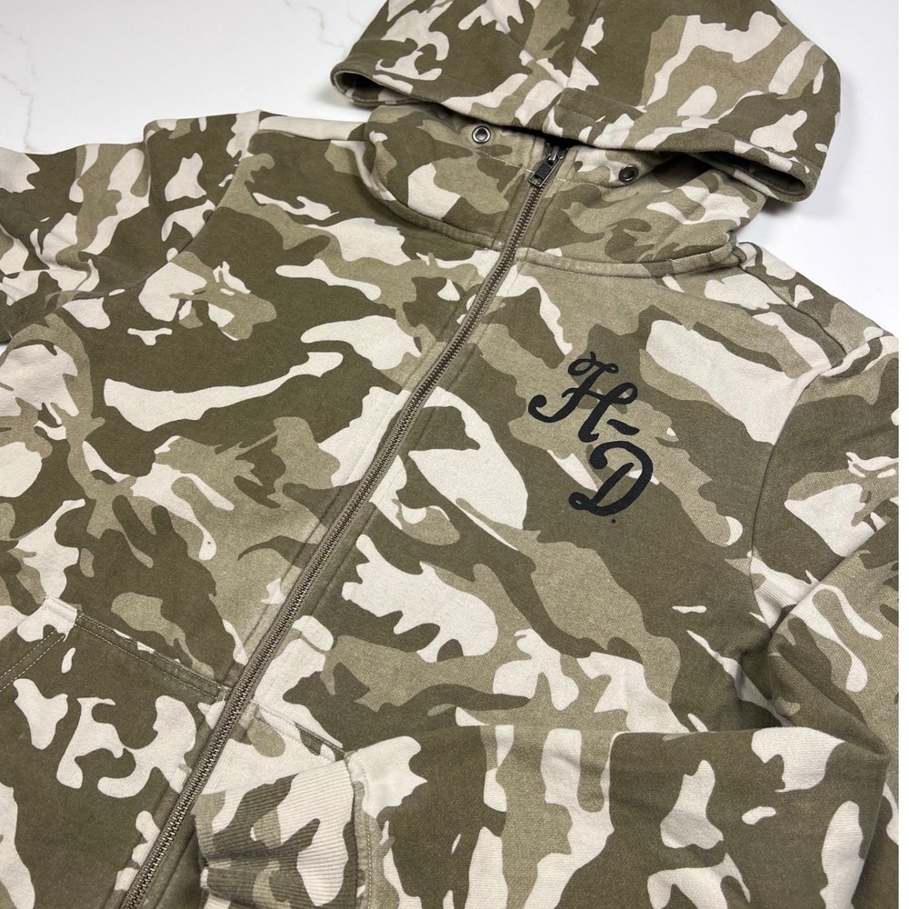Harley-Davidson Zip-Up Hoodie Mens Large Camo Green Tan Winged Logo Graphic